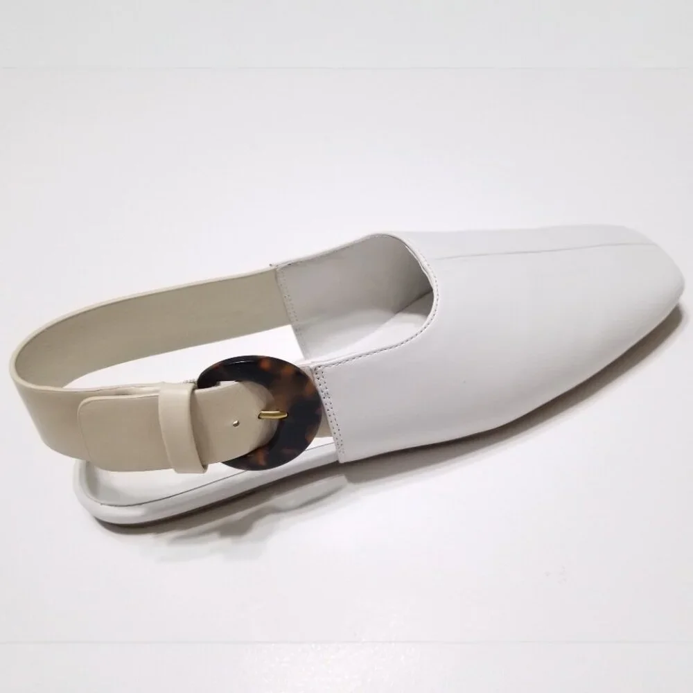 NWOB Vince Cadot White Leather Tortoise Buckle Slingback Flats $275